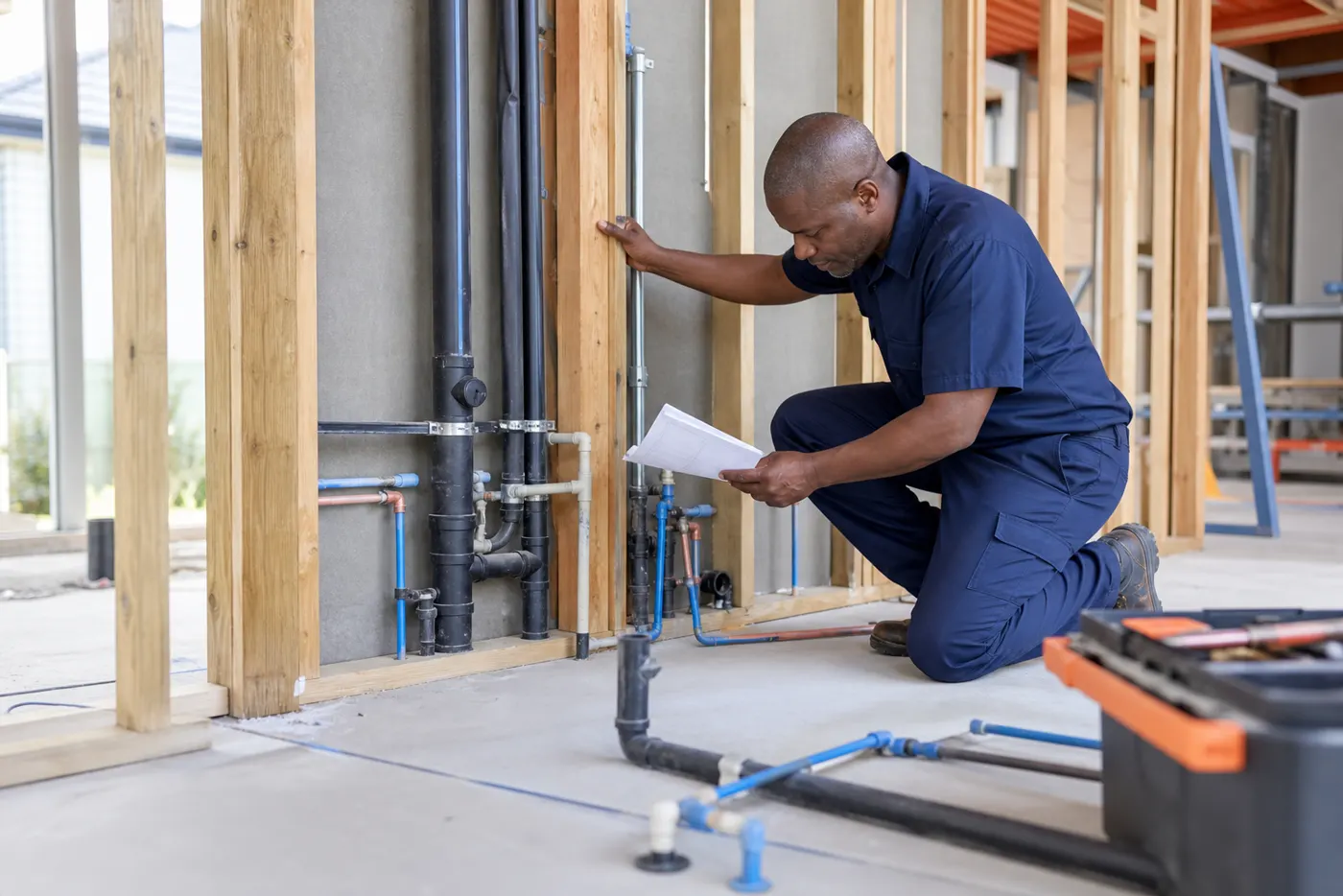 Fictional technician reviewing new plumbing installation work